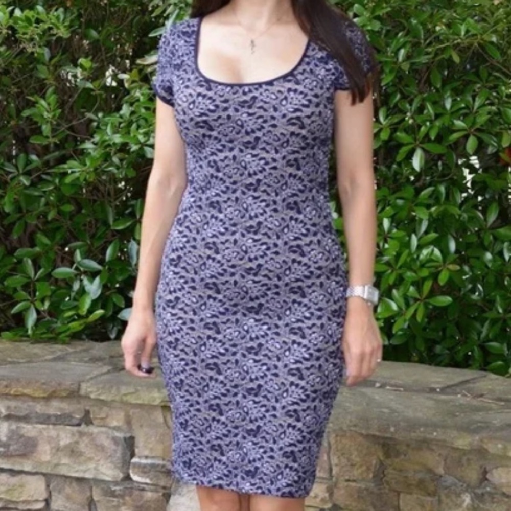 BCBGMaxAzaria “Nadiya” Navy, Metallic, & Tan lace dress